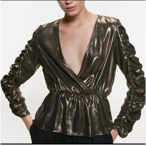 Zara Gold & Black Shimmer Metallic Long Sleeve Peplum Top Blouse Size Small S